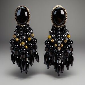 Gorgeous black weighted beaded fringe, costume pierced earrings